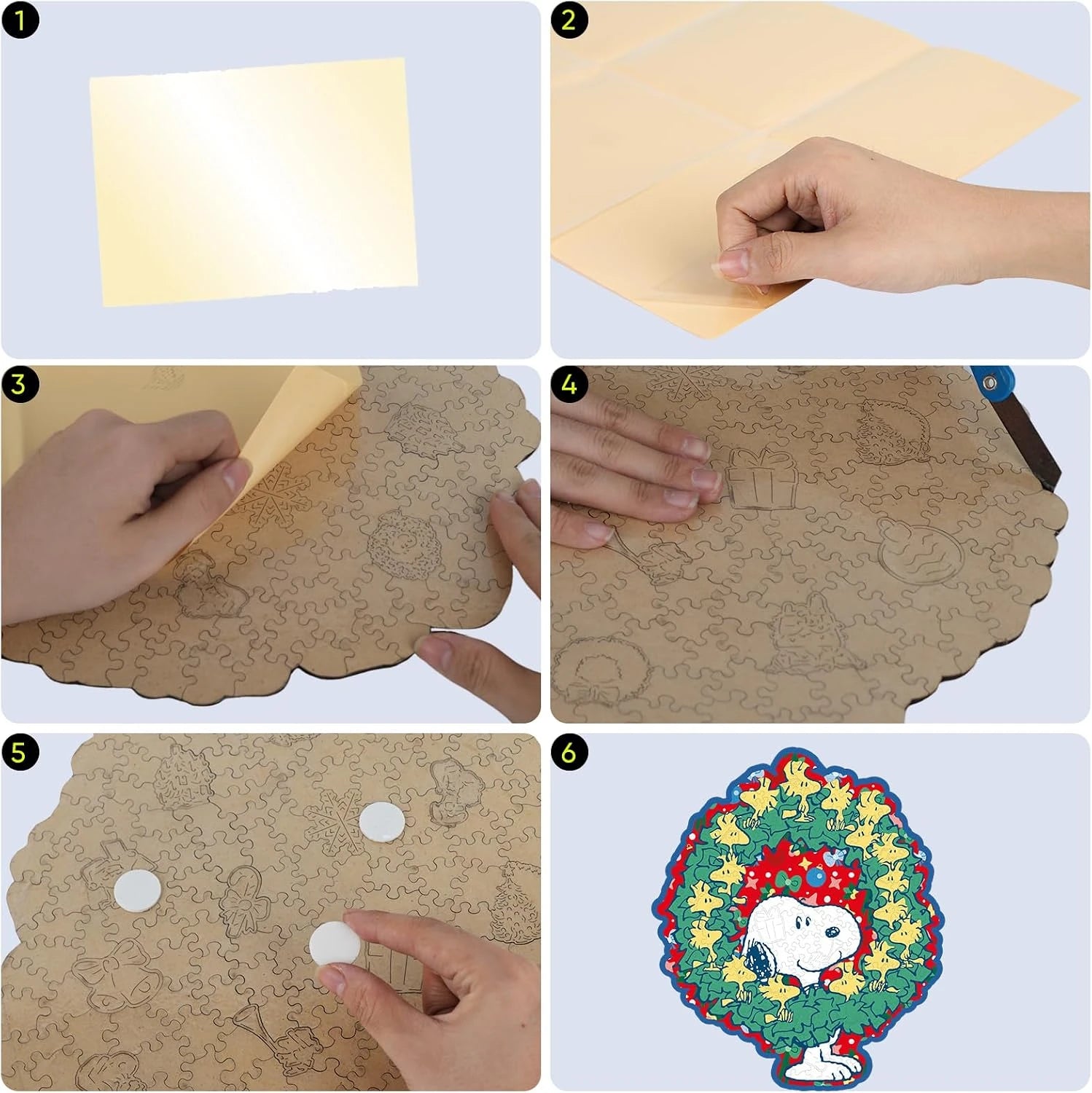 Hands assembling a Snoopy Christmas wooden puzzle